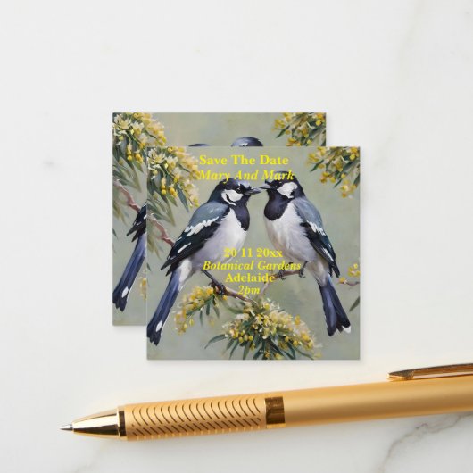 Australische Magpies olieverf, bewaar de datum, Informatiekaartje (Voorkant / Achterkant in situ)