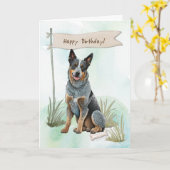 Australische runderhond onder verjaardagsbord kaart (Gele Bloem)