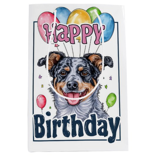 Australische Rundvee Hond met Ballonnen Verjaardag Medium Cadeauzakje (Voorkant)