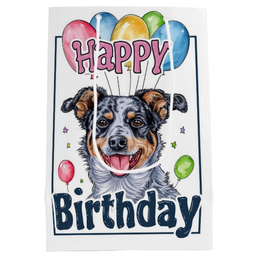 Australische Rundvee Hond met Ballonnen Verjaardag Medium Cadeauzakje (Achterkant)