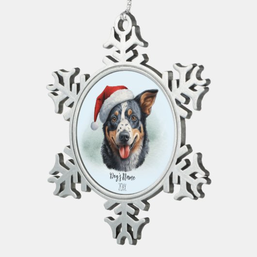 Australische Rundvee Hond Santa Hoed Monogram Naam Tin Sneeuwvlok Ornament (Rechts)