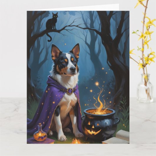Australische Rundvee Whimsical Halloween-schilderi Kaart (Gele Bloem)