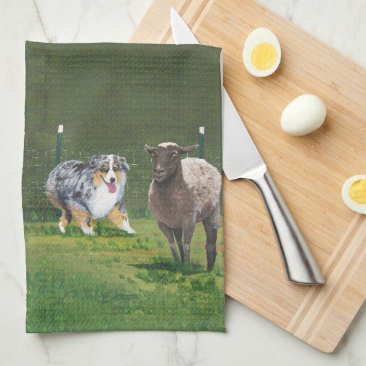 Australische schaap ~ Fetch Vert Oil Painting Theedoek (Quarter Fold)
