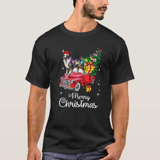 Australische Sheepdog Ride Rode Vrachtwagen Kerst  T-shirt (Voorkant)