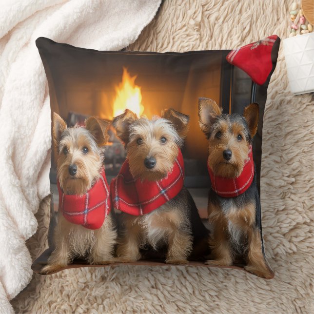 Australische Terrier bij de Haard Kerstmis Kussen (Deken)