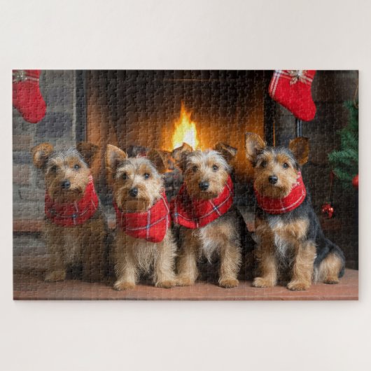Australische Terrier bij de Haard Kerstmis Legpuzzel (Horizontaal)