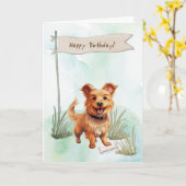 Australische terriër fokt hond onder verjaardagsbo kaart (Gele Bloem)