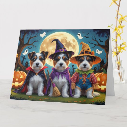 Australische Terrier Honden Pompoen Halloween Grap Kaart (Gele Bloem)
