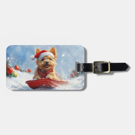 Australische Terriër in Sledge Laat het Sneeuw Ker Bagagelabel (Voorkant horizontaal)