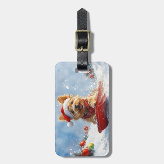Australische Terriër in Sledge Laat het Sneeuw Ker Bagagelabel (Voorkant verticaal)