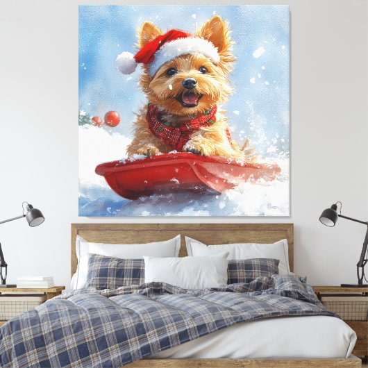 Australische Terriër in Sledge Laat het Sneeuw Ker Canvas Afdruk (Insitu (Slaapkamer))