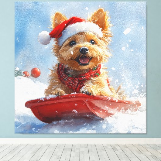 Australische Terriër in Sledge Laat het Sneeuw Ker Canvas Afdruk (Insitu (Houten vloer))
