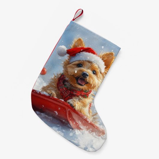Australische Terriër in Sledge Laat het Sneeuw Ker Kleine Kerstsok (Voorkant (Hangend))