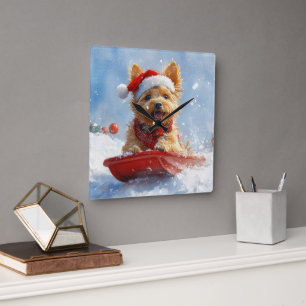 Australische Terriër in Sledge Laat het Sneeuw Ker Vierkante Klok