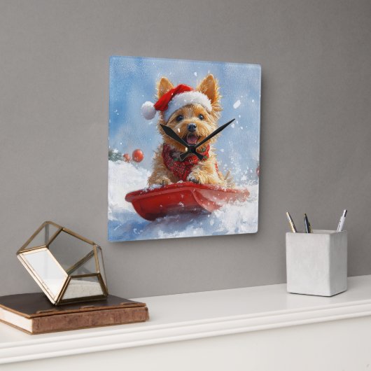 Australische Terriër in Sledge Laat het Sneeuw Ker Vierkante Klok (Kantoor)