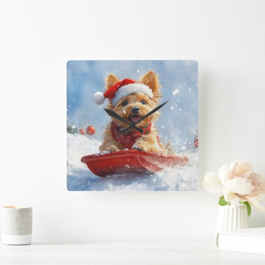 Australische Terriër in Sledge Laat het Sneeuw Ker Vierkante Klok (Huis)