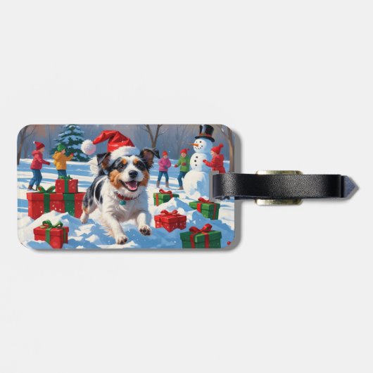 Australische Terriër Kerstfeest Sneeuwscène Bagagelabel (Achterkant horizontaal)