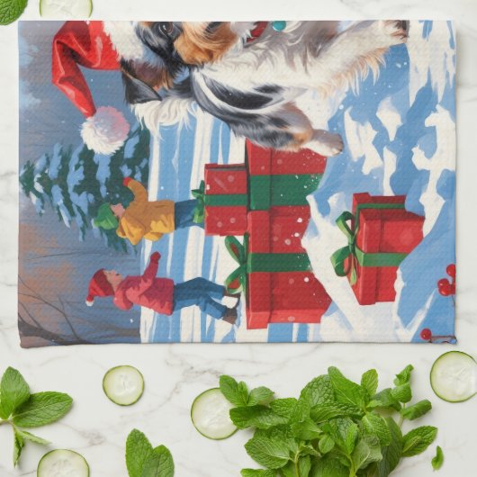 Australische Terriër Kerstfeest Sneeuwscène Theedoek (Gevouwen)