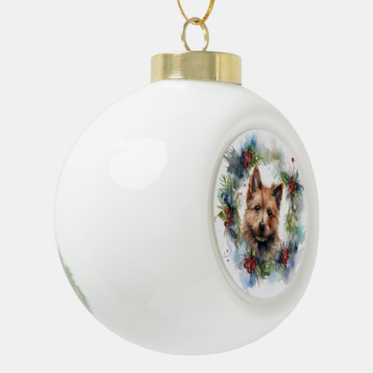 Australische Terriër Kerstkrans Feestelijke Pup Keramische Bal Ornament (Links)