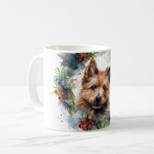 Australische Terriër Kerstkrans Feestelijke Pup Koffiemok (Voorkant links)