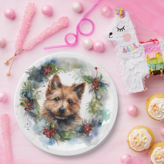 Australische Terriër Kerstkrans Feestelijke Pup Papieren Bordje (Feest)