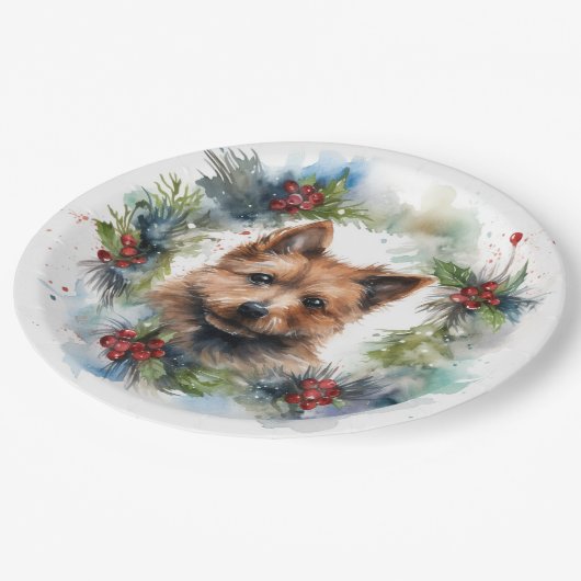 Australische Terriër Kerstkrans Feestelijke Pup Papieren Bordje (Gekanteld)