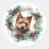 Australische Terriër Kerstkrans Feestelijke Pup Ronde Sticker (Voorkant)
