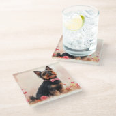 Australische Terriër met Rozen - Valentijnsdag Glazen Onderzetter (Schuin)