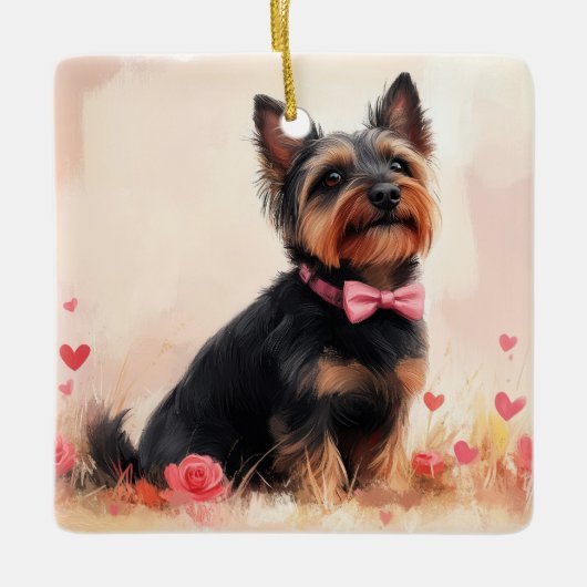 Australische Terriër met Rozen - Valentijnsdag Keramisch Ornament (Voorkant)