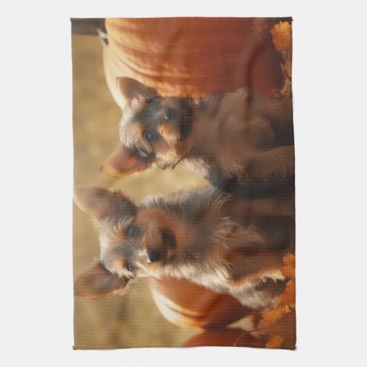 Australische Terrier Puppy Herfst Delight Pompoen Theedoek (Verticaal)