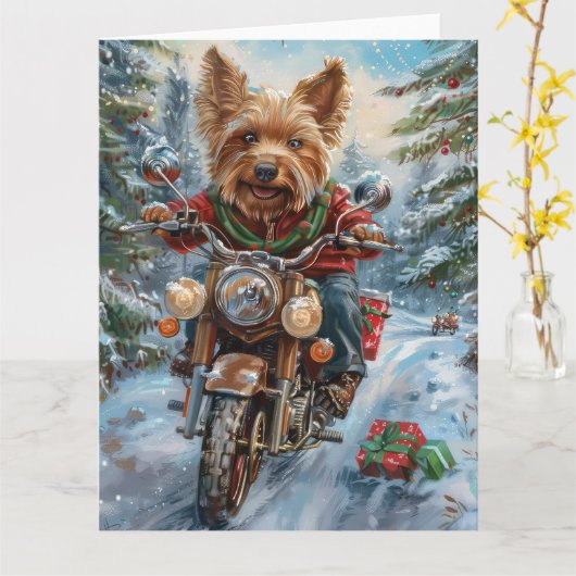 Australische Terrier Riding Motorfiets Kerstmis Kaart (Gele Bloem)