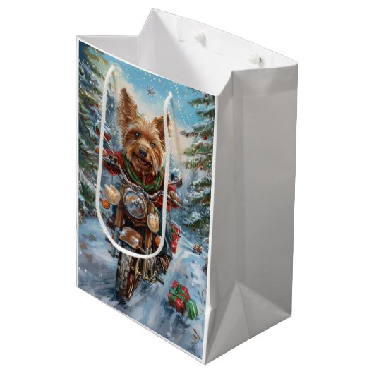 Australische Terrier Riding Motorfiets Kerstmis Medium Cadeauzakje (Voorkant Gekanteld)