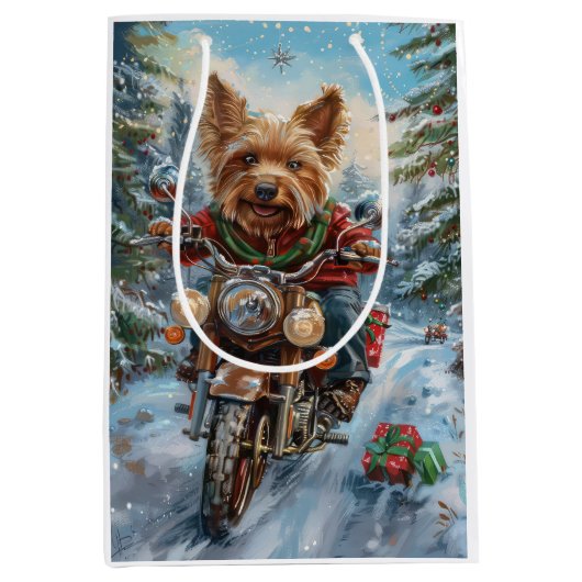 Australische Terrier Riding Motorfiets Kerstmis Medium Cadeauzakje (Voorkant)