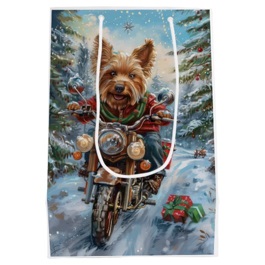 Australische Terrier Riding Motorfiets Kerstmis Medium Cadeauzakje (Achterkant)