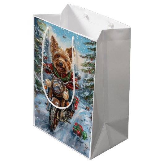 Australische Terrier Riding Motorfiets Kerstmis Medium Cadeauzakje (Achterkant Gekanteld)