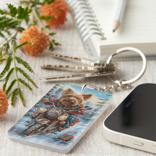 Australische Terrier Riding Motorfiets Kerstmis Sleutelhanger (Voorkant Rechts)