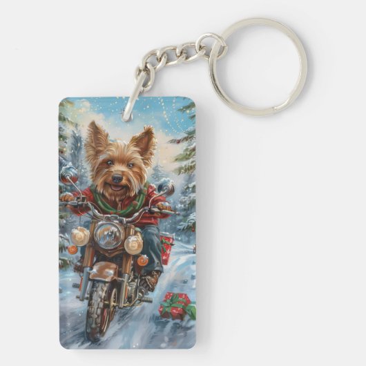 Australische Terrier Riding Motorfiets Kerstmis Sleutelhanger (achterkant)