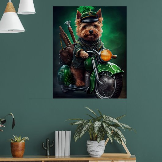 Australische Terriër rijdt op fiets St. Patrick's  Poster (Woonkamer 1)