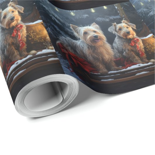 Australische Terriër Sneeuwslee Kerstdecoratie Cadeaupapier (Rol Hoek)