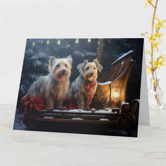 Australische Terriër Sneeuwslee Kerstdecoratie Kaart (Gele Bloem)