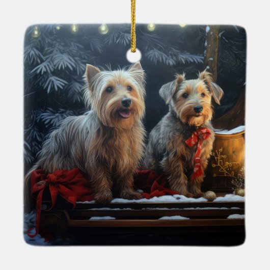 Australische Terriër Sneeuwslee Kerstdecoratie Keramisch Ornament (Achterkant)