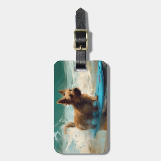 Australische Terrier Strand Surfen Schilderij Bagagelabel (Voorkant verticaal)