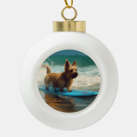 Australische Terrier Strand Surfen Schilderij Keramische Bal Ornament (Voorkant)