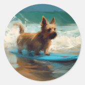 Australische Terrier Strand Surfen Schilderij Ronde Sticker (Voorkant)