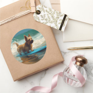 Australische Terrier Strand Surfen Schilderij Ronde Sticker