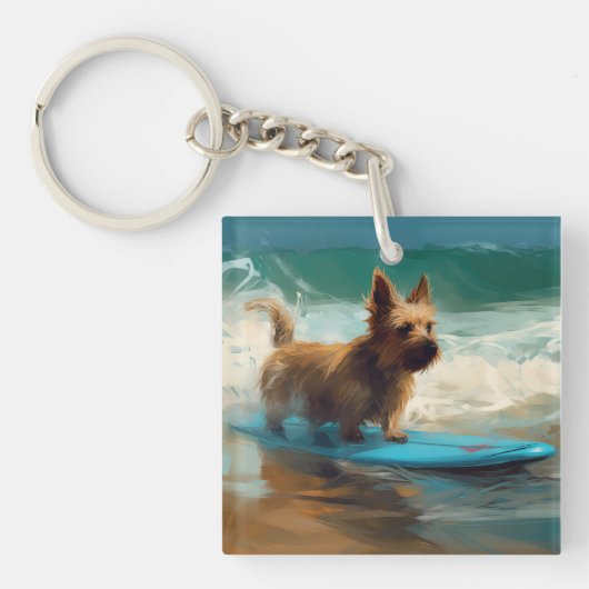 Australische Terrier Strand Surfen Schilderij Sleutelhanger (Voorkant)