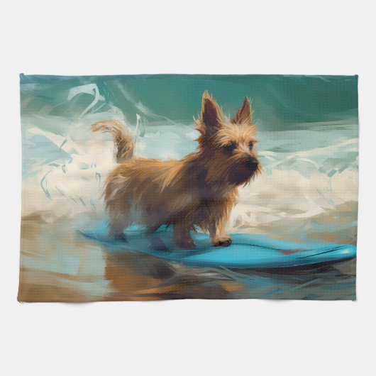 Australische Terrier Strand Surfen Schilderij Theedoek (Horizontaal)