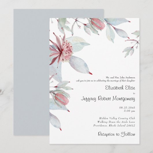 Australische tropische Floral Dusty Blue Wedding Kaart (Voorkant / Achterkant)