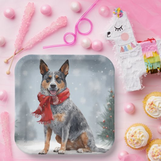 Australische vee Hond in Sneeuw Kerstmis Papieren Bordje (Feest)