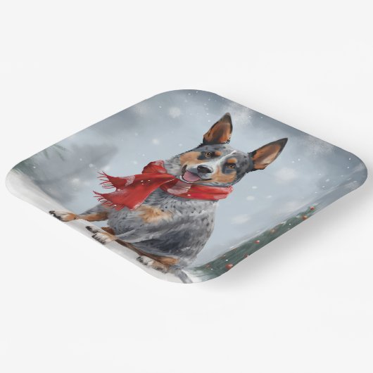 Australische vee Hond in Sneeuw Kerstmis Papieren Bordje (Gebogen)